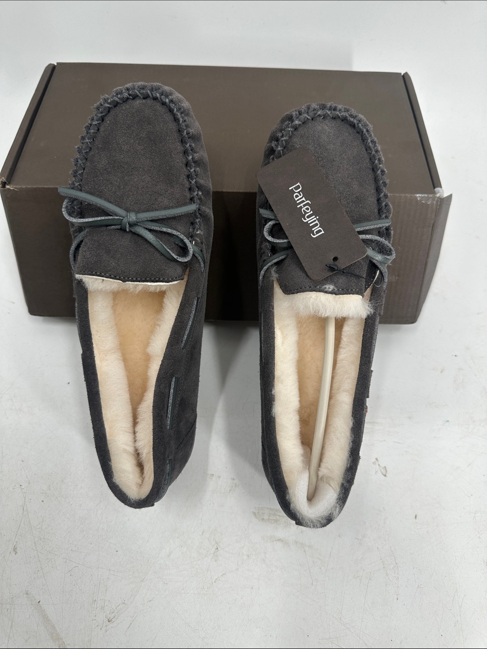 Woman’s Dark Gray Suede Shearling Moccasin Slippers